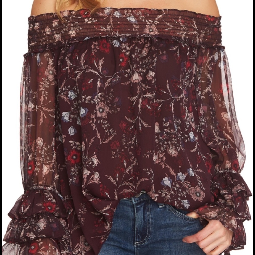 CECE off the shoulder red floral blouse